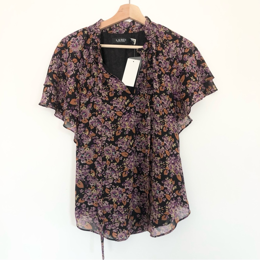 NWT Ralph Lauren Flutter Sleeve Ruffle Floral Blouse